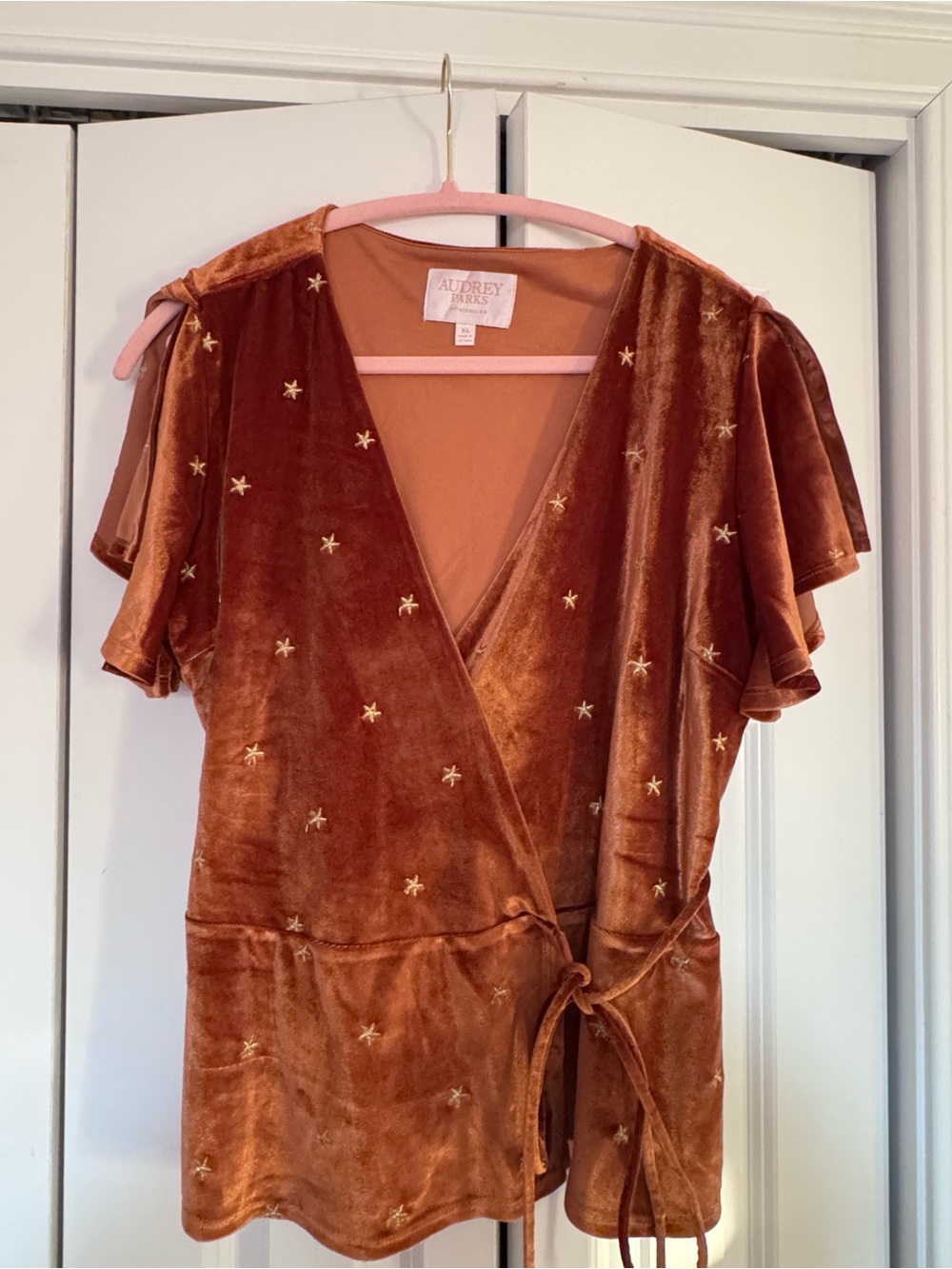 Audrey Parks Orange Rust Velvet Wrap Top with Star Embroidery